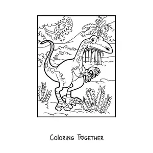 Coloring page of a bipedal land dinosaur in the jungle