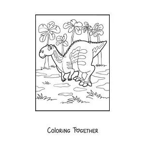 Coloring page of a land dinosaur with palm trees