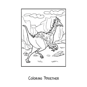 Coloring page of a land dinosaur with feathers in a canyon