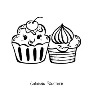 Coloring page of two kawaii cupcakes