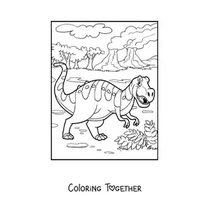 Coloring page of a land dinosaur with a Jurassic landscape