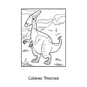 Coloring page of a cartoon land dinosaur in a natural landscape