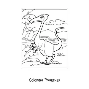 Coloring page of a bipedal land dinosaur beside a river