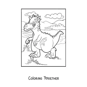 Coloring page of a small land dinosaur walking in its habitat