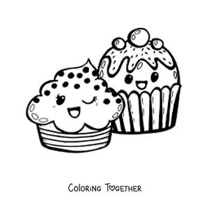 Coloring page of two kawaii cupcakes