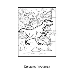 Coloring page of a carnivorous land dinosaur in the jungle