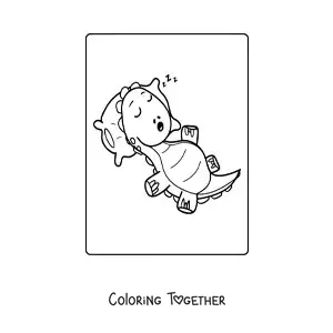 Coloring page of a kawaii baby dinosaur eating a hamburger