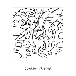 Coloring page of a cartoon baby dinosaur hatching from its egg in the jungle