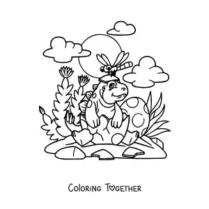 Coloring page of a cartoon baby dinosaur hatching from its egg