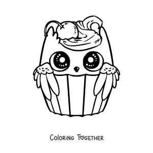 Coloring page of a kawaii owl cupcake with a cherry