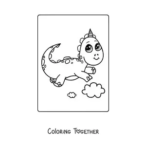 Coloring page of a kawaii baby dinosaur with a flower