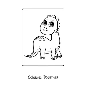 Coloring page of a kawaii baby dinosaur sitting and smiling
