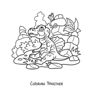 Coloring page of a baby dinosaur walking in its habitat