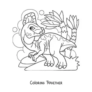 Coloring page of a herbivorous baby dinosaur in its habitat