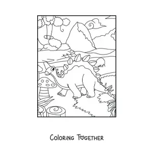 Coloring page of a cartoon baby dinosaur eating sweets with its mom