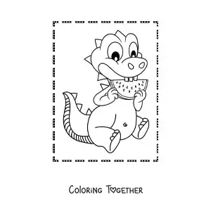Coloring page of a cartoon baby dinosaur eating watermelon