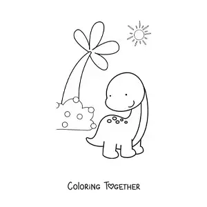 Coloring page of a cute long-necked baby dinosaur in its habitat