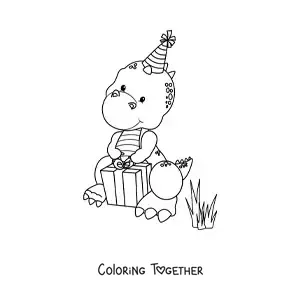 Coloring page of cute baby t rex dinosaurs with a birthday gift