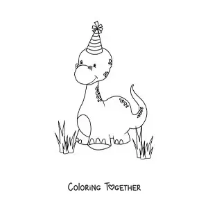 Coloring page of cute long-necked baby dinosaurs with a birthday hat