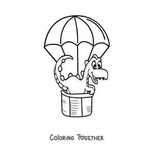 Coloring page of a kawaii baby dinosaur in a hot air balloon