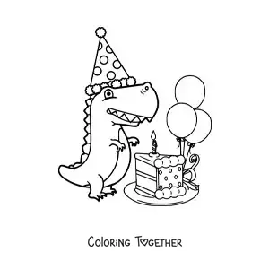 Coloring page of a baby tyrannosaurus dinosaur with a birthday cake