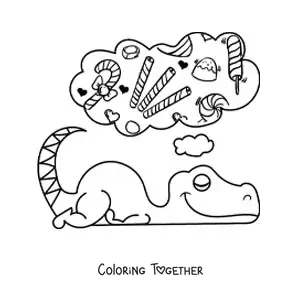 Coloring page of a cartoon baby dinosaur asleep dreaming of sweets