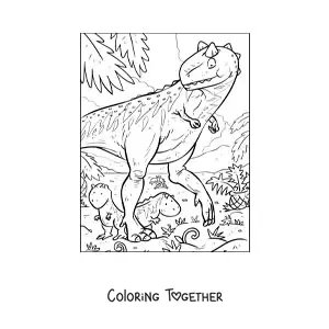 Coloring page of realistic baby dinosaurs with their mom