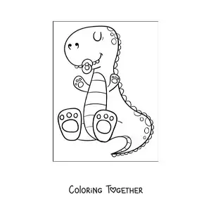 Coloring page of a tender baby dinosaur sitting with a pacifier