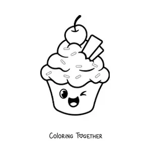 Coloring page of an animated cupcake with a cherry