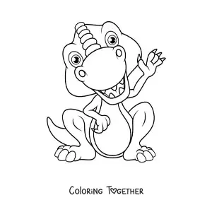 Coloring page of a happy baby dinosaur sitting and waving