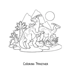Coloring page of herbivorous dinosaurs together in their habitat