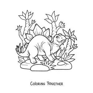 Coloring page of a cartoon herbivorous stegosaurus