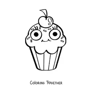Coloring page of an animated cupcake with a cherry