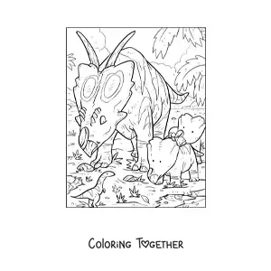 Coloring page of an animated herbivorous Pachyrhinosaurus with its babies