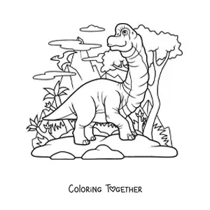 Coloring page of an animated herbivorous Brachiosaurus in its habitat