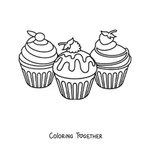 Coloring page of three cupcakes with frosting and fruit on top