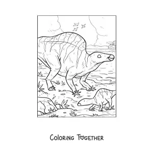 Coloring page of an animated herbivorous Morelladon dinosaur with its babies