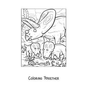 Coloring page of an animated herbivorous Torosaurus with its babies
