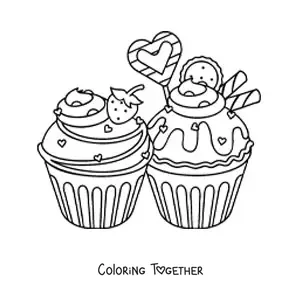 Coloring page of two cupcakes with hearts and a strawberry