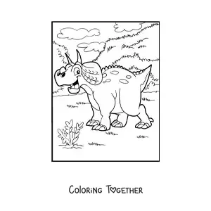 Coloring page of an animated herbivorous dinosaur in its habitat