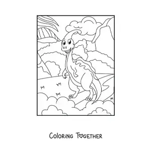 Coloring page of a small animated herbivorous dinosaur in its habitat
