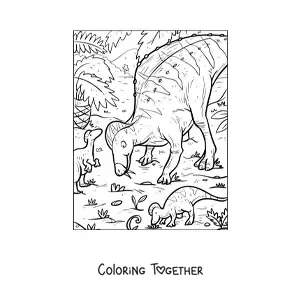 Coloring page of a herbivorous dinosaur with its babies