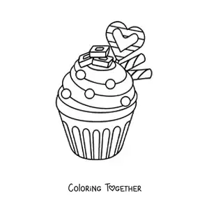 Coloring page of a cupcake with a heart and two wafers