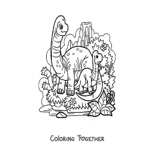 Coloring page of a baby long-necked dinosaur with its mom