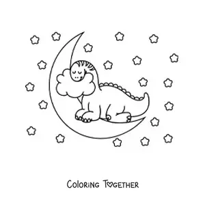 Coloring page of a kawaii baby long-necked dinosaur sleeping