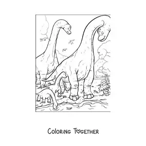 Coloring page of long-necked dinosaurs with their babies in their habitat