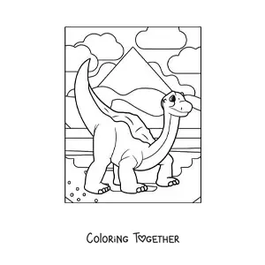 Coloring page of a cute long-necked dinosaur in its habitat