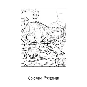 Coloring page of a long-necked, long-tailed Diplodocus dinosaur with its babies