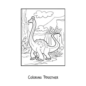 Coloring page of a long-necked dinosaur in its habitat