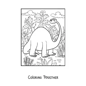Coloring page of a giant long-necked dinosaur in its habitat
